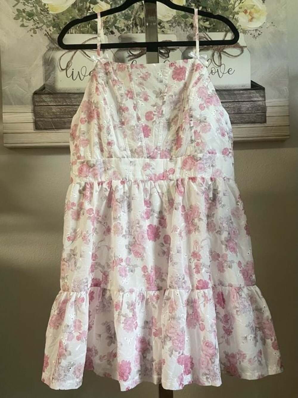 ARULA White and Pink Floral Eyelet Tiered Sundress